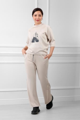 ترنج نسائي كاجوال طبي بنطال مع تيشيرت موحد اللون ب...