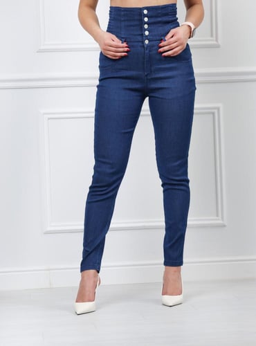 بنطال جينز خصر عالِ بأزرار وسحاب بقصة ضيقة حتى الك...