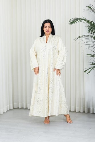 جلابية قماش بطول يصل للكاحل بأكمام بنهايات واسعة و...