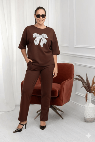 ترنج نسائي كاجوال طبي بنطال مع تيشيرت بياقة ومطبوع...