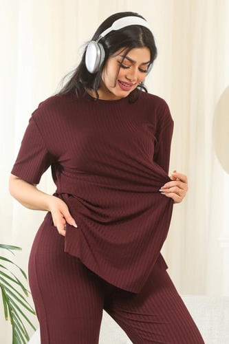 ترنج نسائي كاجوال ريب سادة تيشرت طويل بياقة دائرية...