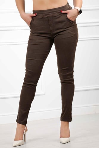 بنطال جينز خصر متوسط مطاطي وقصة ضيقة حتى الكاحل