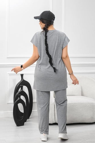 ترنج نسائي كاجوال ريب سادة تيشرت طويل ربع كم وبنطا...