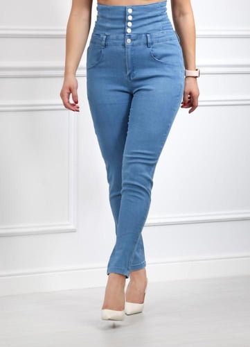 بنطال جينز خصر عالِ بأزرار وسحاب بقصة ضيقة حتى الك...