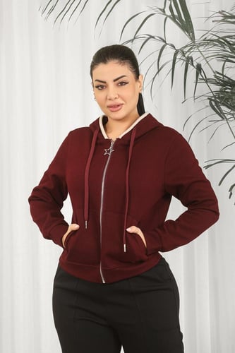 بلوفر شتوي نسائي كلاسيكي سحاب بأكمام مزمومة وقبعة