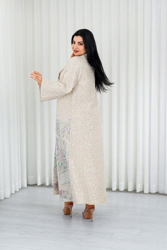 جلابية قماش بطول يصل للكاحل بياقة V وتطريز طاووس م...