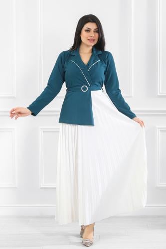 فستان كاجوال فلو لونين بكسرات بأكمام طويلة وحزام ع...