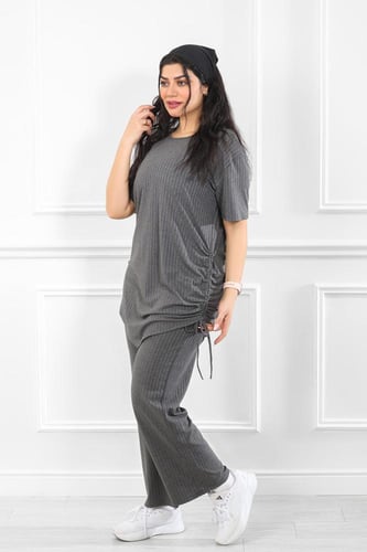 ترنج نسائي كاجوال ريب سادة تيشرت طويل مزموم على ال...