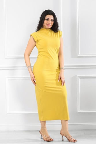 فستان كاجوال ريب طويل بفتحة جانبية وياقة مغلقة بلا...