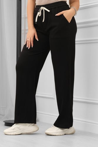 بنطال كاجوال نسائي سادة بأرجل واسعة وأربطة