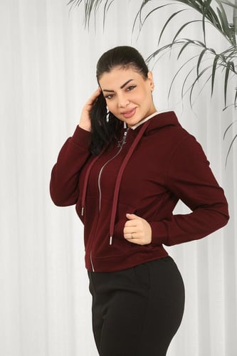 بلوفر شتوي نسائي كلاسيكي سحاب بأكمام مزمومة وقبعة