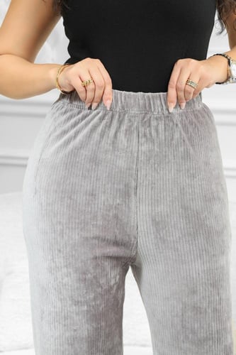 بنطال كاجوال نسائي مخمل بخصر مطاطي بلا جيوب