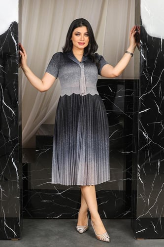 فستان كلاسيكي مكسر نصف كم بلونين