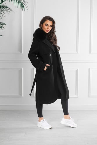 معطف شتوي فرو طويل يصل لمنتصف الساق مزدوج الصدر مز...