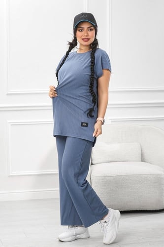 ترنج نسائي كاجوال ريب سادة تيشرت طويل ربع كم وبنطا...