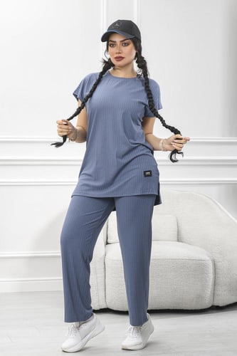 ترنج نسائي كاجوال ريب سادة تيشرت طويل ربع كم وبنطا...