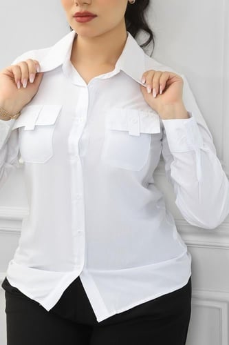 قميص نسائي بأكمام طويلة مزود بجيب على الصدر