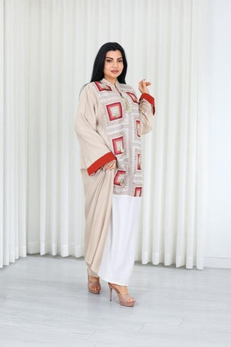 جلابية قماش بطول يصل للكاحل وياقة صغيرة مفتوحة على...