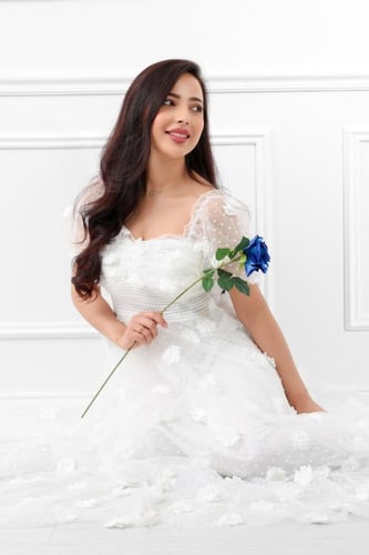 فستان سهرة طويل منفوش بأكمام شيفون قصيرة مزين بالو...