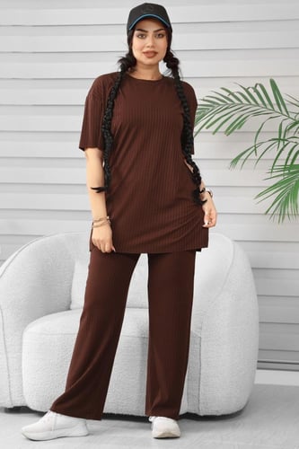 ترنج نسائي كاجوال ريب سادة تيشرت طويل بياقة دائرية...