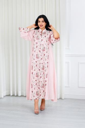 جلابية قماش بطول يصل للكاحل بياقة قصيرة مطرزة بالو...