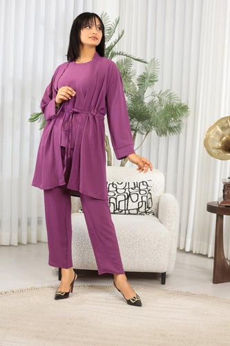 طقم نسائي كاجوال سادة 3 قطع جاكيت طويل مزود بحزام