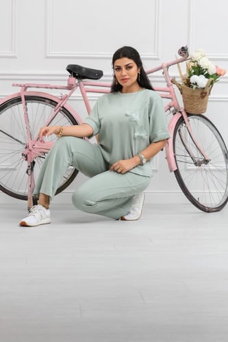 ترنج نسائي كاجوال طبي صيفي بنطال مع تيشرت بياقة دا...