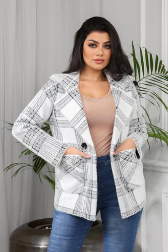 جاكيت شتوي كلاسيكي قصير كاروهات بمظهر صوف