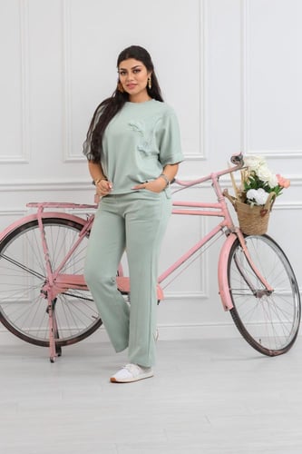 ترنج نسائي كاجوال طبي صيفي بنطال مع تيشرت بياقة دا...