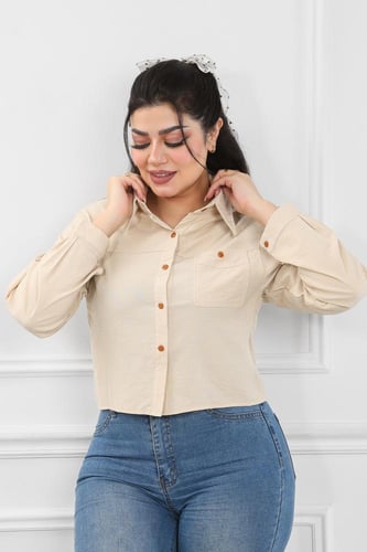 قميص نسائي بأكمام طويلة وطول للخصر بأزراز ملونة