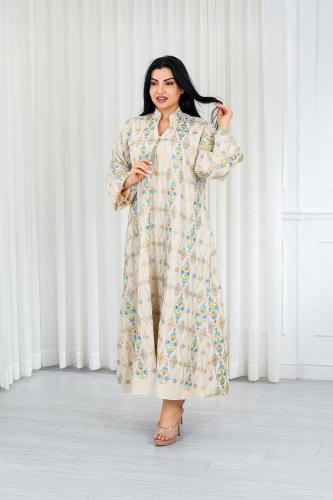 جلابية قماش بطول يصل للكاحل ونهايات أكمام واسعة وي...