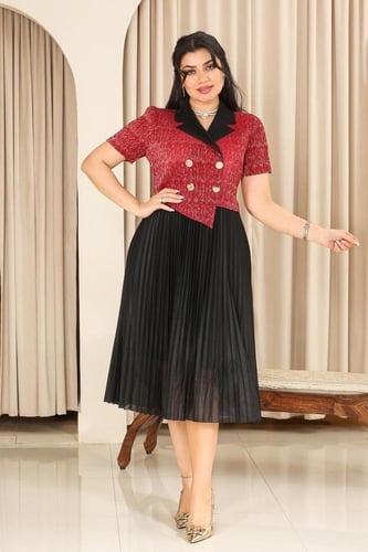 فستان كلاسيكي مكسر نصف كم بلونين