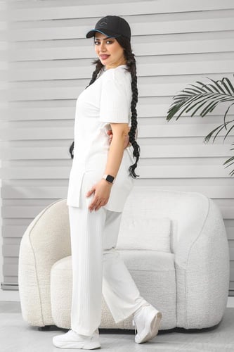 ترنج نسائي كاجوال ريب سادة تيشرت طويل بياقة دائرية...