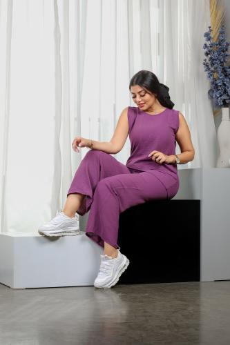 طقم نسائي كاجوال سادة توب طويل بدون أكمام