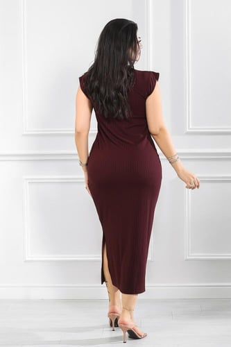 فستان كاجوال ريب طويل بفتحة جانبية وياقة مغلقة بلا...