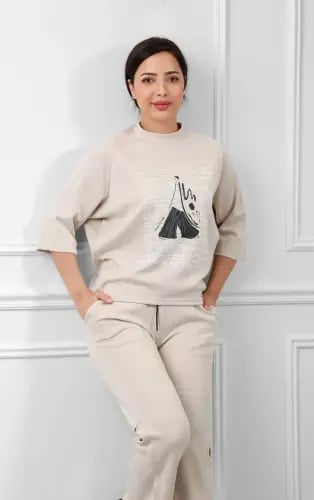 ترنج نسائي كاجوال طبي بنطال مع تيشيرت موحد اللون ب...