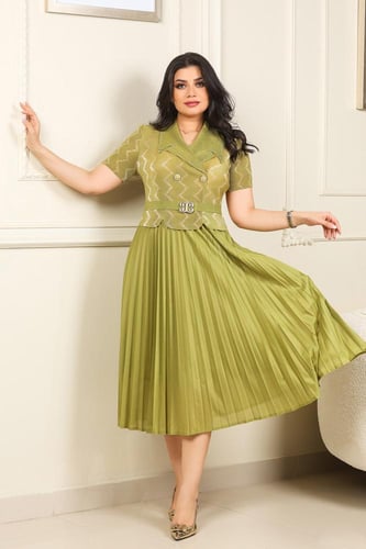 فستان كلاسيكي مكسر نصف كم بحزام