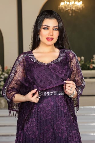 فستان سهرة مورد بأكمام شيفون