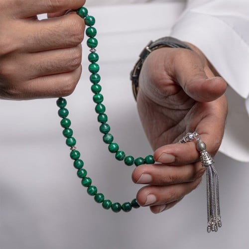 سبحة ملكية من حجر الأخضر - خرز دائري مع كركوشة فضي...