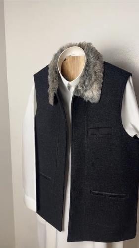 سديري رجالي شتوي فاخر بياقة فرو رمادية