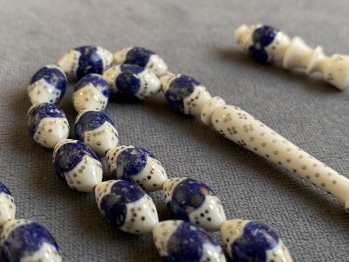 سبحة عاج فيل مطعّم فضة و برادة اللازورد