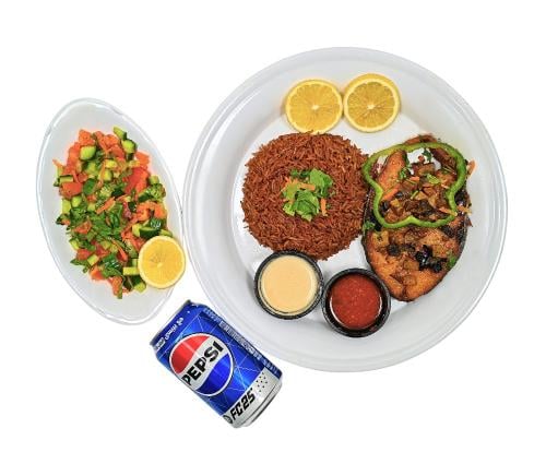 A meal of Machkool Kingfish with rice, drink, and...
