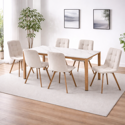 طقم طاولة طعام سيراميك مع 6 كراسي بيج – تصميم عصري...