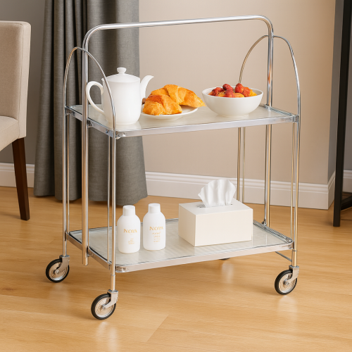 عربة تقديم قابلة للطي بعجلات ورفوف من الزجاج الثلج...