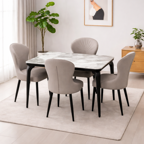 طقم طاولة طعام رخام أبيض فاخر مع 4 كراسي جلد