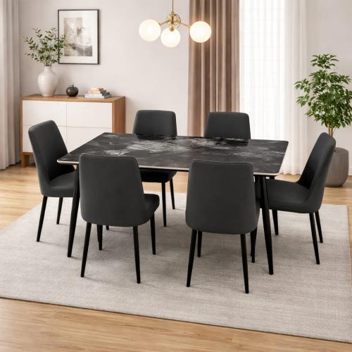 طاولة طعام سيراميك لون أسود بنقش رخامي مع 6 كراسي...