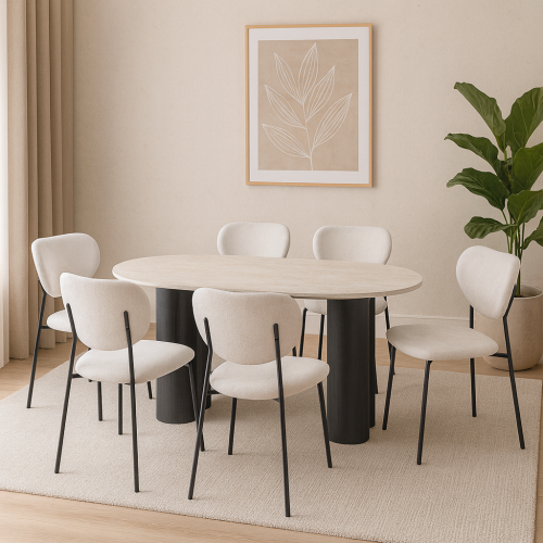 طقم طاولة طعام بيضاوية بيج مع 6 كراسي – تصميم عصري...