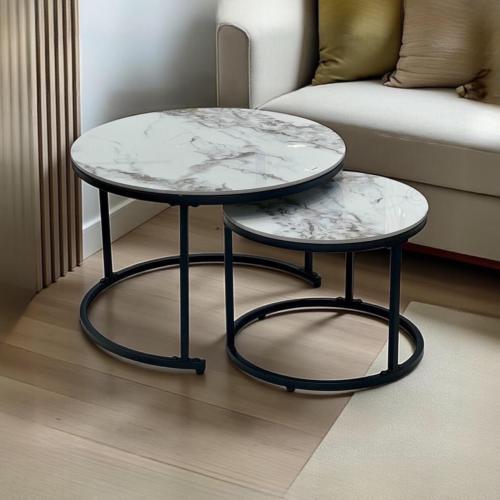 طقم طاولات قهوة دائرية متداخلة سطح سيراميك أبيض رخ...