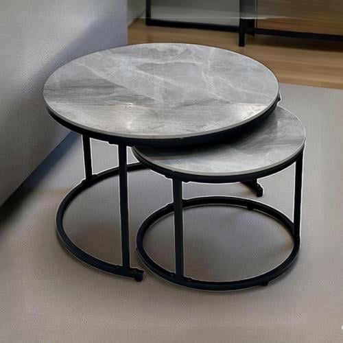 طقم طاولات قهوة دائرية متداخلة سطح سيراميك رمادي