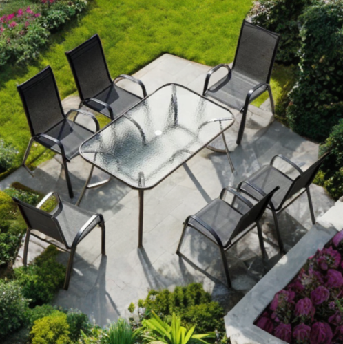 طاولة جلسة خارجية مستطيل مع 6 كراسي لون أسود